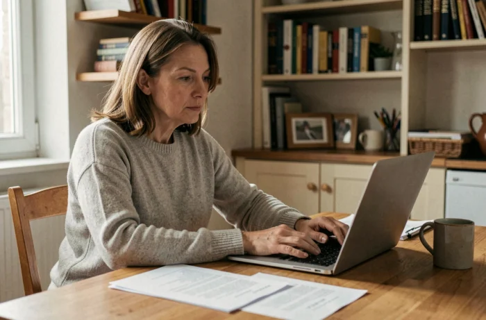 Femme en chômage travaillant sur son ordinateur portable avec des documents administratifs étalés sur une table en bois à domicile