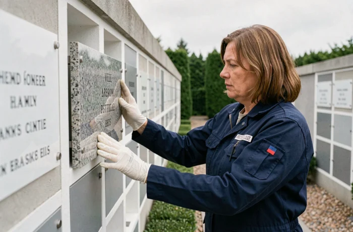 Femme posant une plaque commémorative collée sur un columbarium en granit dans un cimetière