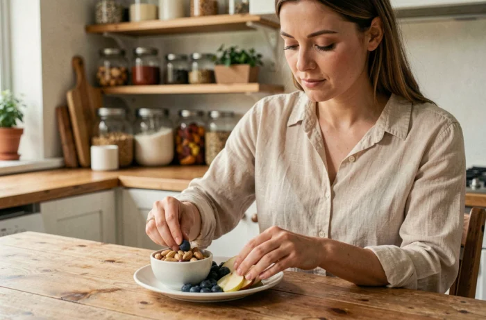 Femme préparant une assiette de collations saines avec noix, myrtilles et pomme dans une cuisine naturelle