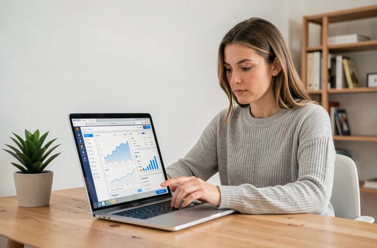 Femme comparant des applications bancaires sur un ordinateur portable dans un bureau à domicile moderne