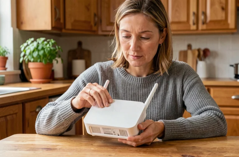 Femme consultant l'étiquette sous sa Freebox pour retrouver le mot de passe WiFi dans sa cuisine