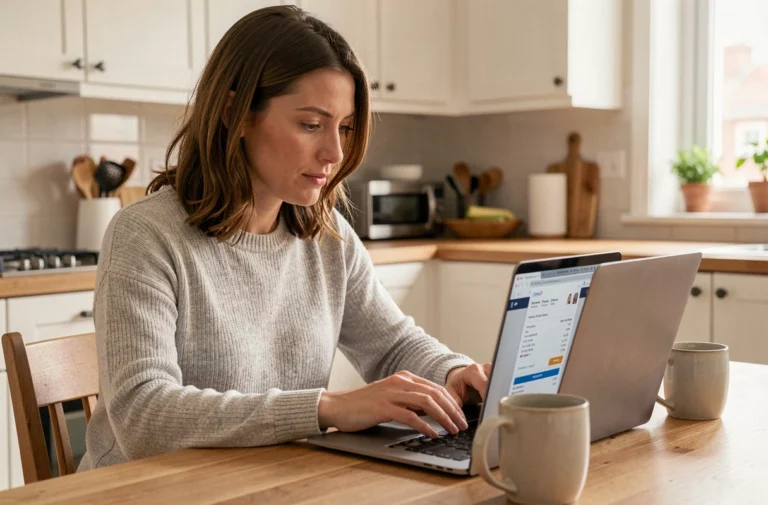 Femme consultant une facture Carrefour en ligne sur son ordinateur portable dans une cuisine moderne