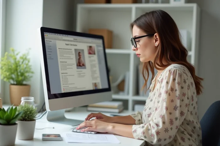 Jeune femme consultant un site dédié aux jeunes enfants sur un ordinateur de bureau dans un espace de travail organisé à domicile