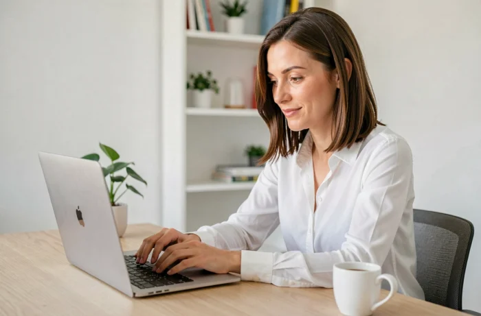 Femme en train de mettre à jour son CV en ligne sur un ordinateur portable dans un bureau à domicile moderne