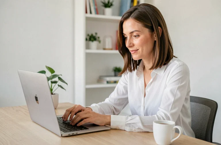 Femme en train de mettre à jour son CV en ligne sur un ordinateur portable dans un bureau à domicile moderne