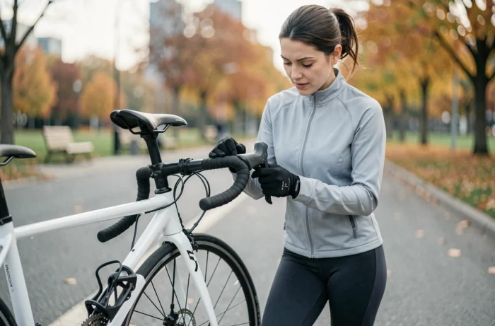 Femme cycliste inspectant les composants d'un vélo de route blanc en milieu urbain