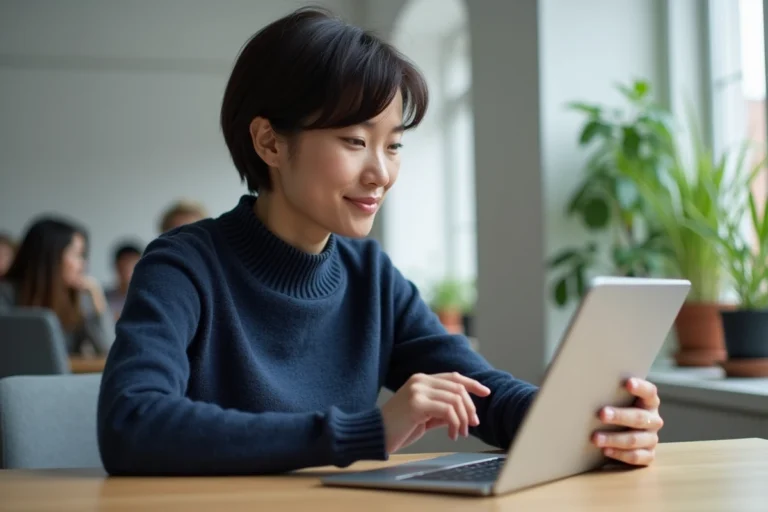 Femme découvrant les nouvelles fonctionnalités d'une application sur une tablette dans un bureau moderne