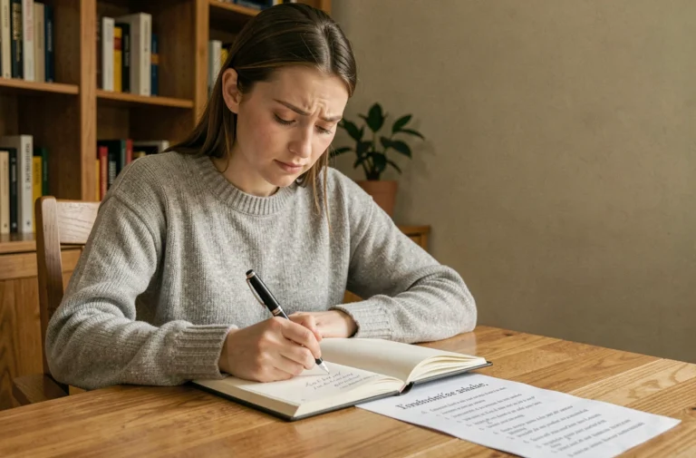 Jeune femme prenant des notes sur les règles d'orthographe du français, notamment la distinction entre ou et où, dans un bureau cosy