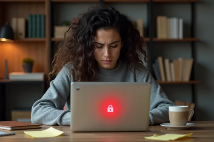Femme frustrée devant un message d'erreur de connexion sur son ordinateur portable à domicile