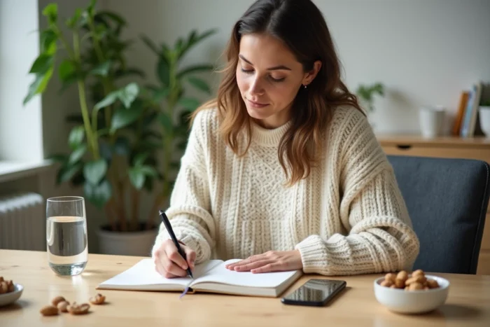 Femme tenant un journal alimentaire et de fitness à son bureau pour suivre sa perte de poids