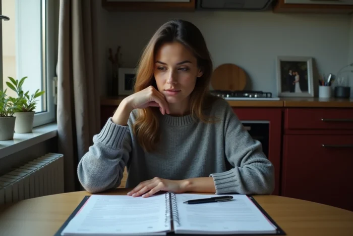 Femme étudiant des documents administratifs liés à une OQTF et aux démarches juridiques du mariage en France