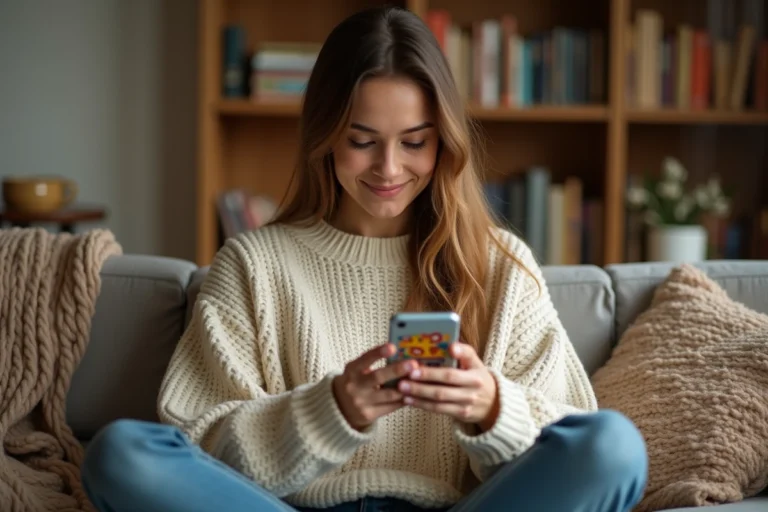 Jeune femme lisant des webtoons sur son smartphone dans un salon confortable, illustrant le suivi de webtoons préférés via une application de lecture