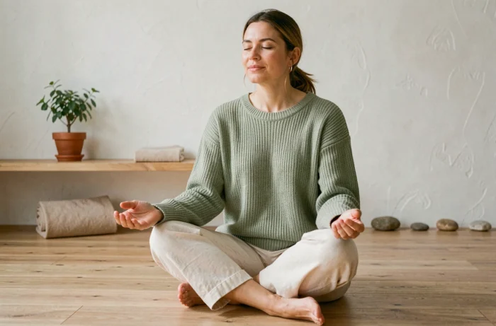 Femme pratiquant la pleine conscience dans un studio de bien-être minimaliste, assise en tailleur sur un plancher en bois, expression sereine