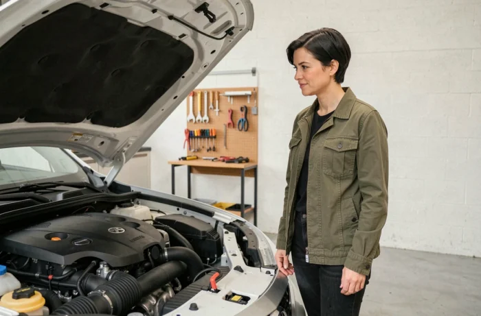 Femme explorant le moteur d'une voiture hybride dans un garage propre, symbolisant la compréhension de la technologie hybride