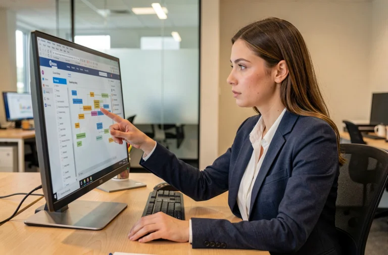Femme professionnelle naviguant sur le plan du site Tekniko depuis un ordinateur de bureau en open space