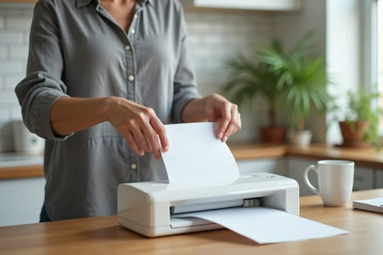 Femme plastifiant un document chez elle avec une plastifieuse de bureau sur une table en bois