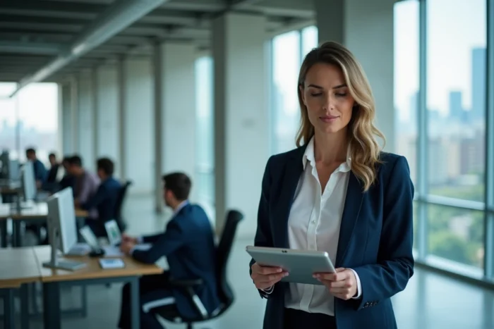 Femme professionnelle en blazer marine analysant des données business sur tablette dans un bureau moderne avec vue sur la ville
