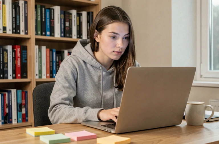 Jeune femme parcourant des sites de téléchargement sur son ordinateur portable dans un bureau à domicile