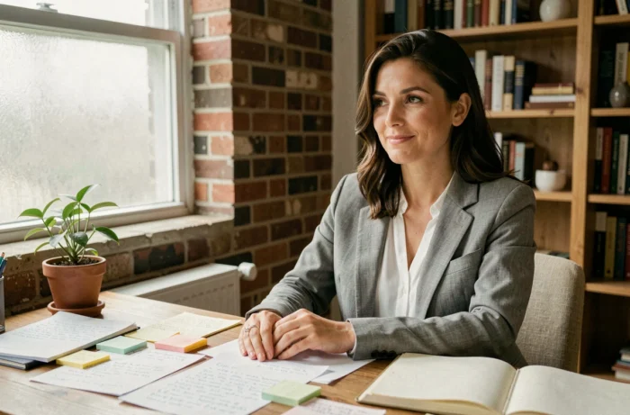 Femme réfléchissant à sa reconversion professionnelle dans un bureau à domicile avec des notes manuscrites