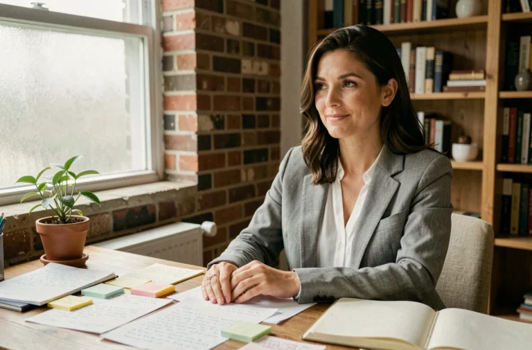 Femme réfléchissant à sa reconversion professionnelle dans un bureau à domicile avec des notes manuscrites