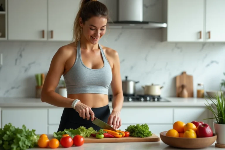 Femme active préparant un repas sain dans une cuisine moderne pour perdre du poids