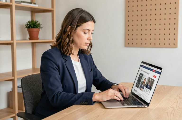 Femme consultant des ressources business en ligne sur un ordinateur portable dans un bureau à domicile moderne