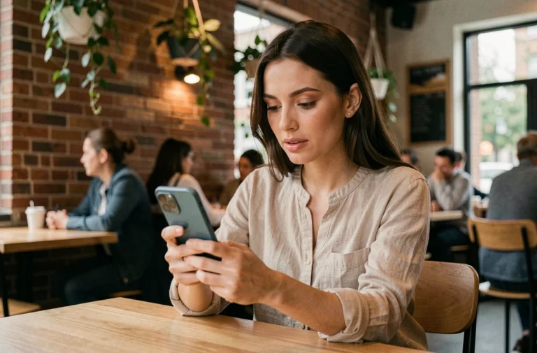 Femme utilisant un smartphone haut de gamme 2024 dans un café moderne, illustrant les nouvelles tendances mobiles