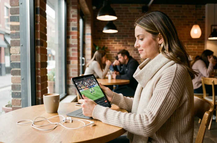 Femme regardant le football en streaming sur une tablette dans un café urbain