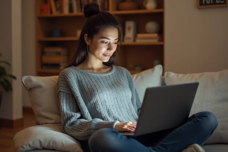 Femme jeune naviguant sur une plateforme de streaming sur son ordinateur portable depuis son salon moderne en 2026