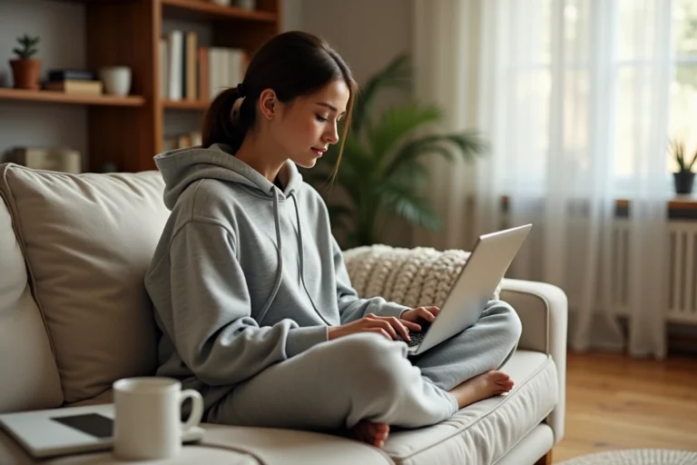 Jeune femme regardant une série en streaming sur son ordinateur portable depuis son canapé confortable à la maison