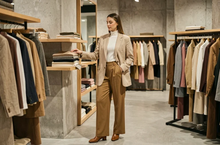 Femme élégante en blazer beige oversize explorant les tendances mode dans une boutique concept parisienne au style minimaliste