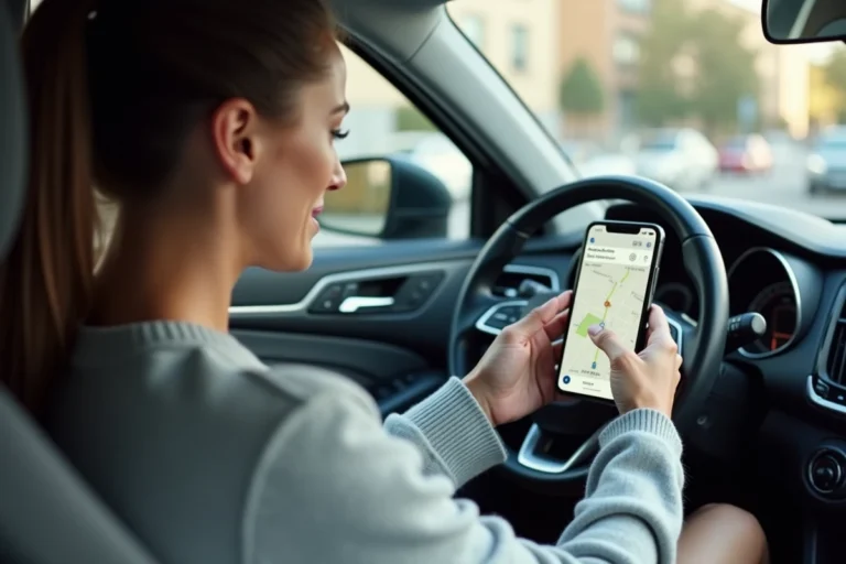 Femme dans une voiture tenant un smartphone avec l'application Mappy ouverte pour réactiver le son vocal de navigation GPS