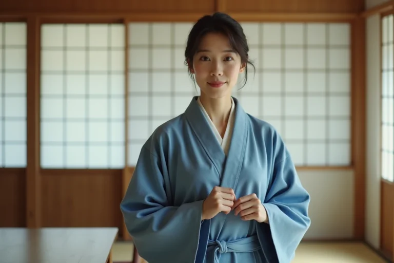 Femme japonaise portant un yukata d'hôtel traditionnel dans une chambre de ryokan avec tatami et cloisons shoji