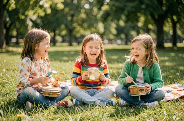 Trois petites filles joyeuses jouant des instruments de percussion colorés assis dans l'herbe d'un parc ensoleillé