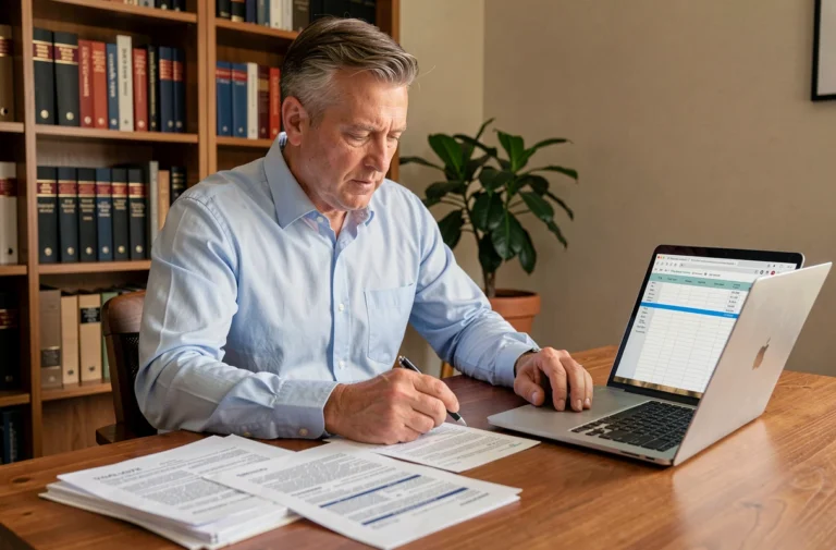Propriétaire bailleur en train d'analyser des documents fiscaux liés à la déclaration des loyers locatifs en France