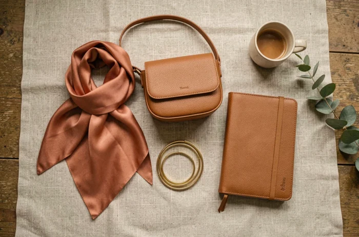 Flat lay élégant d'accessoires de mode tendance sur fond de lin avec sac cuir cognac et foulard en soie