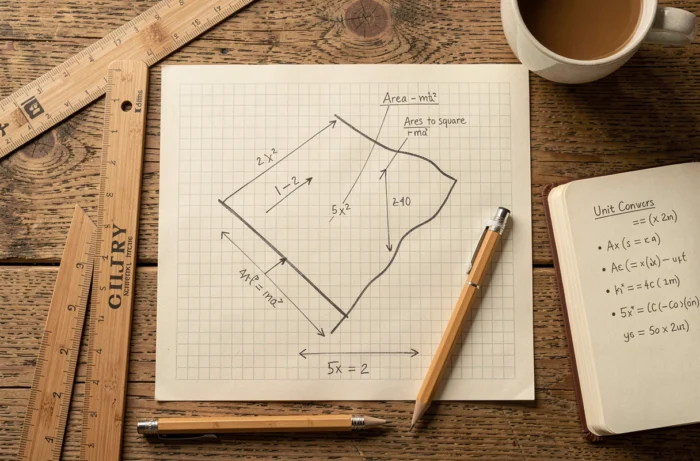 Vue aérienne d'un bureau en bois avec un croquis de parcelle cadastrale et des formules de conversion des ares en mètres carrés écrits à la main