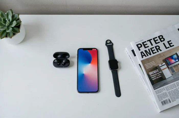 Flat lay minimaliste d'un smartphone 2024 avec accessoires high-tech sur bureau moderne, illustration des tendances smartphones