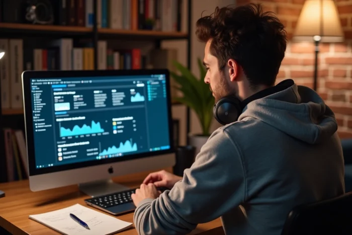 Étudiant suivant une formation en cybersécurité en ligne depuis son bureau à domicile avec un ordinateur portable