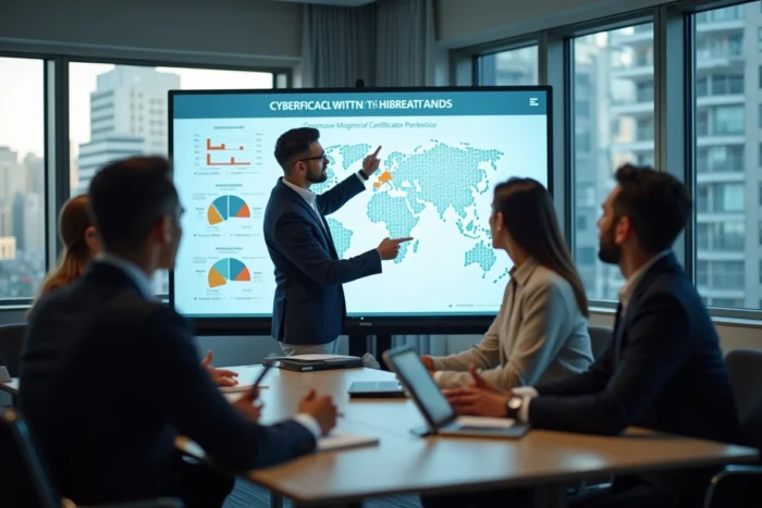 Groupe de professionnels participant à une formation en présentiel sur la cybersécurité dans une salle de formation moderne