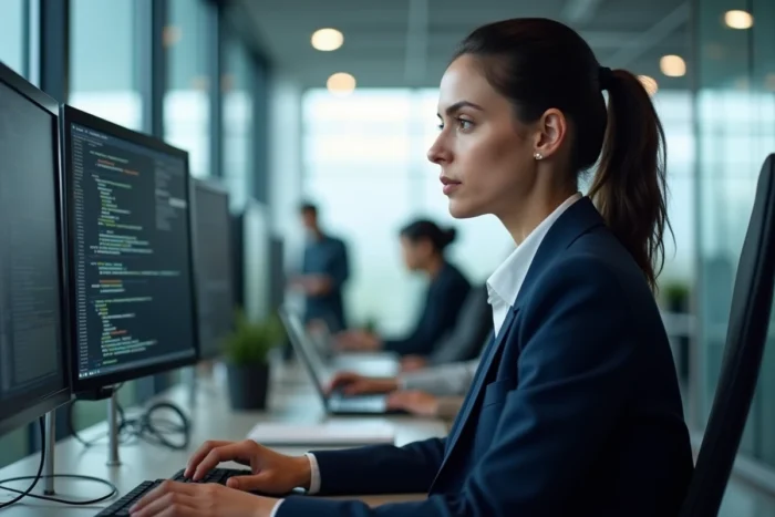 Professionnelle en cybersécurité travaillant sur des écrans affichant du code et des diagrammes réseau dans un bureau moderne