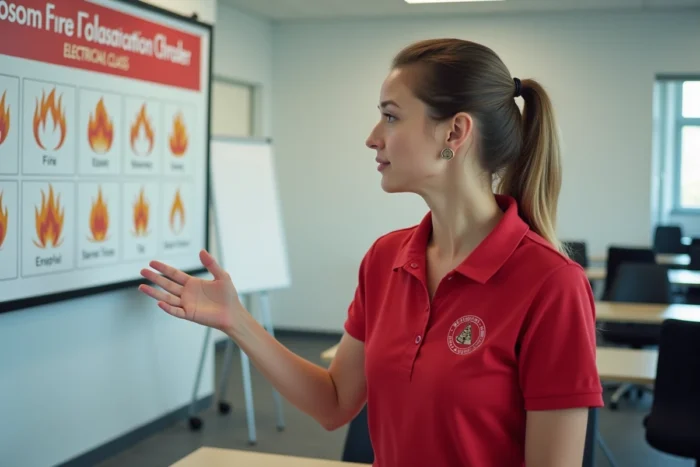 Formatrice en sécurité incendie présentant les classes de feu dont la classe feu électrique lors d'une formation en entreprise