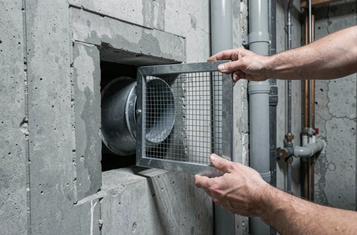Gaine de ventilation factice en sous-sol avec grille amovible dissimulant un compartiment creux
