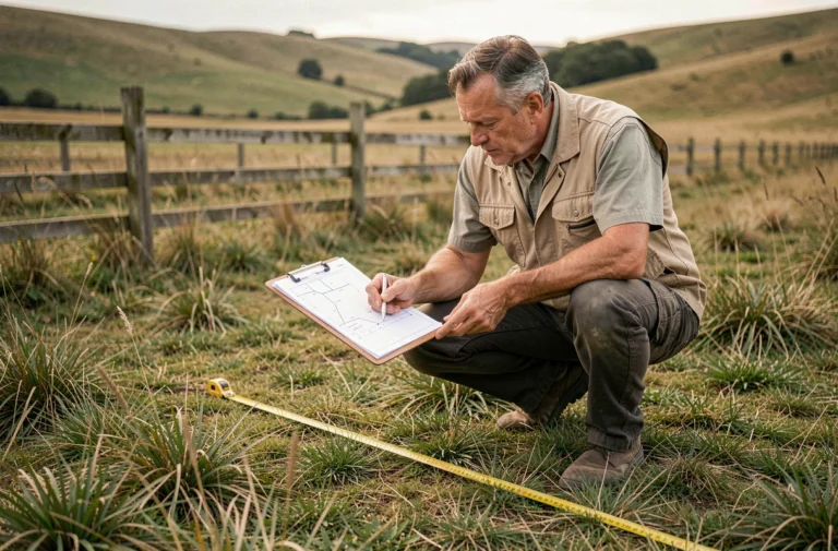 Géomètre examinant un document de mesure de terrain avec un mètre ruban déroulé sur une parcelle herbeuse en milieu rural