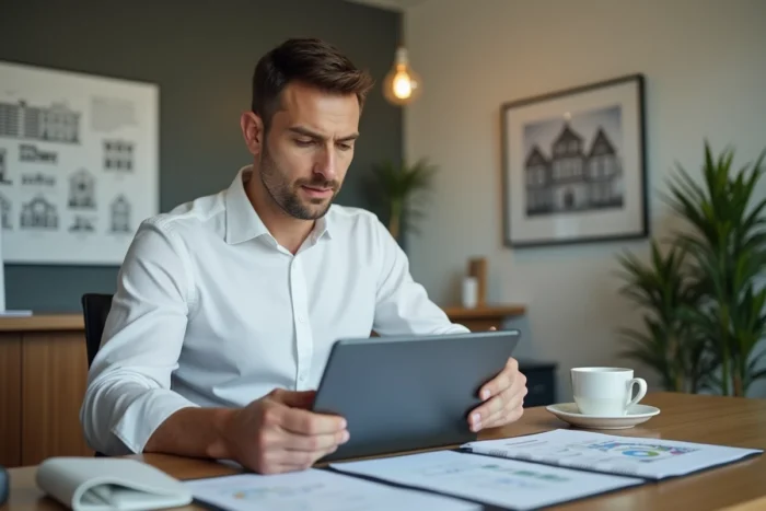 Homme consultant des documents sur tablette au bureau d'une agence de gestion immobilière