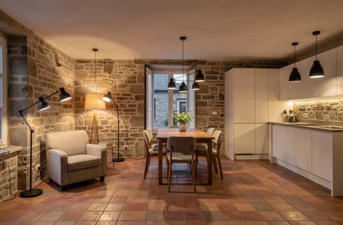 Intérieur d'une maison française rénovée en soirée montrant trois zones d'éclairage artificiel distincts, coin lecture, table à manger et plan de travail, chacun avec son propre dispositif lumineux