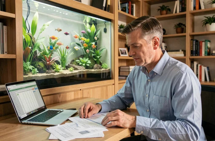 Propriétaire immobilier passionné d'aquariophilie travaillant dans son bureau avec un grand aquarium planté intégré au mur