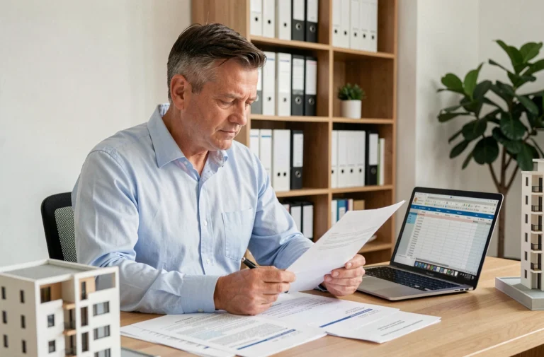 Propriétaire LMNP consultant des documents de gestion locative à son bureau avec un ordinateur portable et des contrats de bail