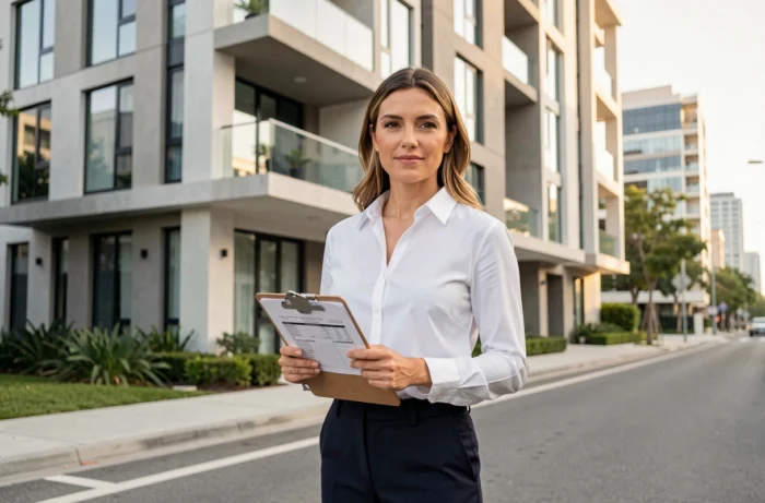 Gestionnaire immobilière évaluant un immeuble locatif moderne dans un quartier urbain résidentiel