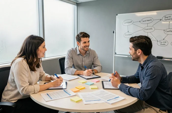 Un groupe de professionnels en atelier de formation discutant des opportunités de développement de carrière